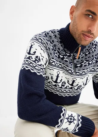 Pulover maritim cu model norvegian, cu guler troyer • bleumarin • magazin bonprix