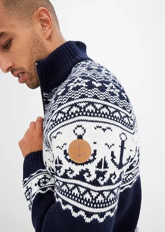 Pulover maritim cu model norvegian, cu guler troyer • bleumarin • magazin bonprix