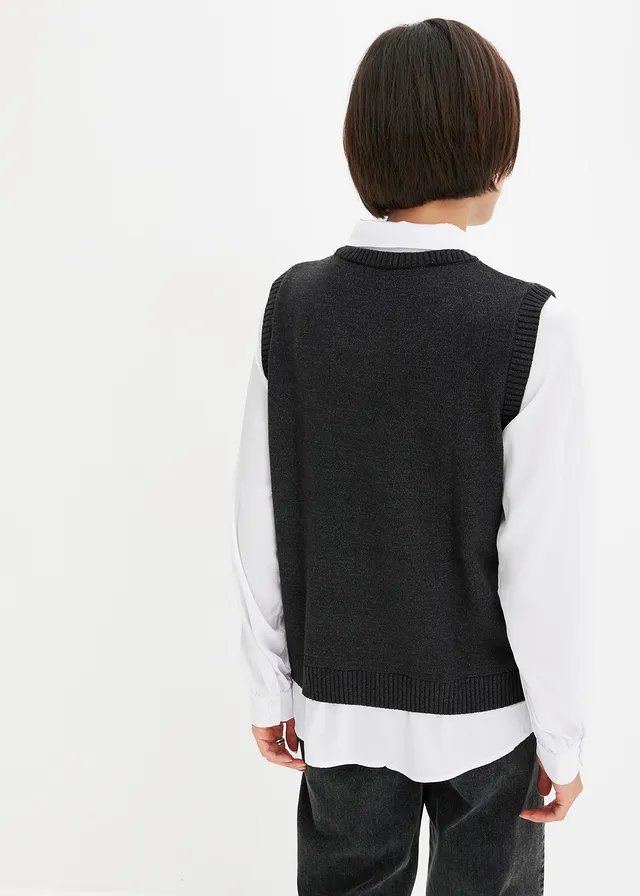 Trui met blouse-inzetstuk, Kleur: antraciet gemêleerd