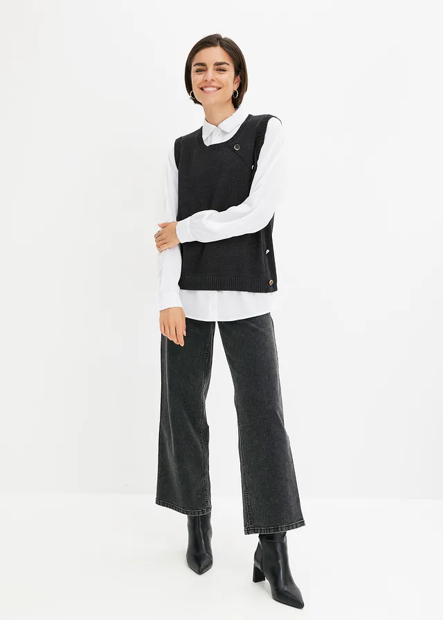 Trui met blouse-inzetstuk, Kleur: antraciet gemêleerd