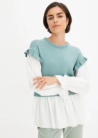 Pull à empiècement chemisier • menthe chiné • Boutique bonprix