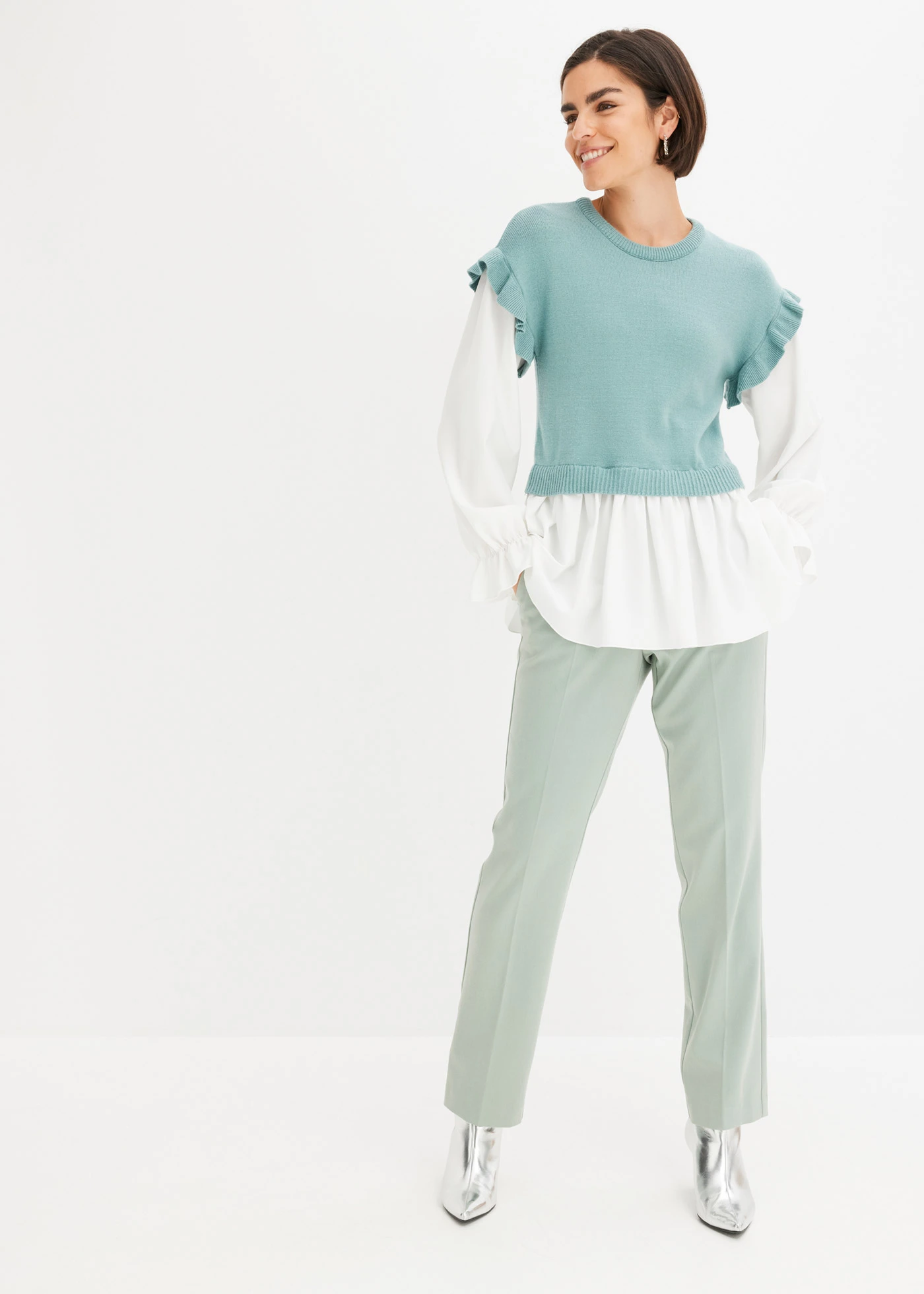 Pull à empiècement chemisier • menthe chiné • Boutique bonprix