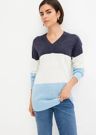 Pull, Couleur: blanc cassé-bleu foncé-bleu topaze rayé