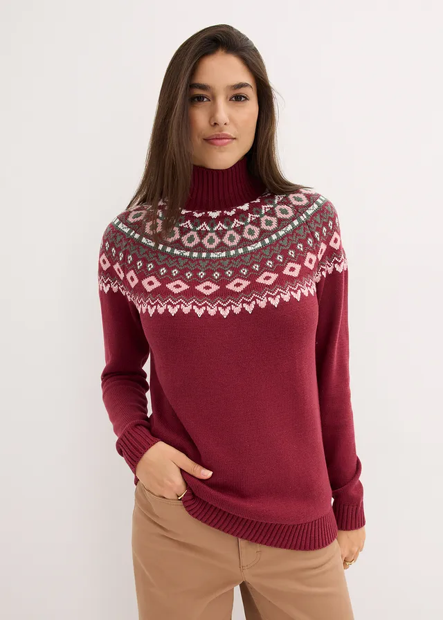 Pull norvégien à col roulé • rouge rhododendron motif norvégien • product-page.page-title-suffix