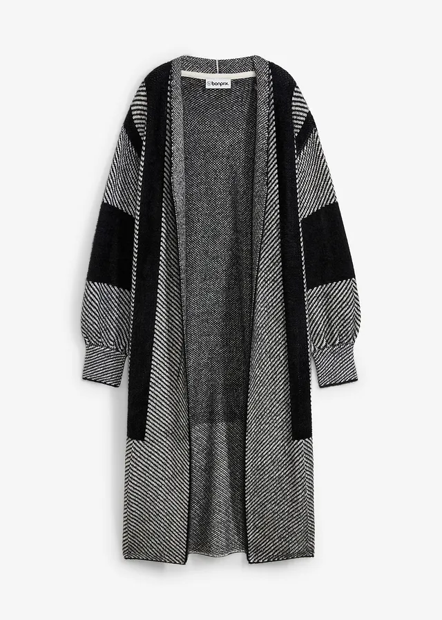 Gilet long en maille • noir/blanc cassé • Boutique bonprix