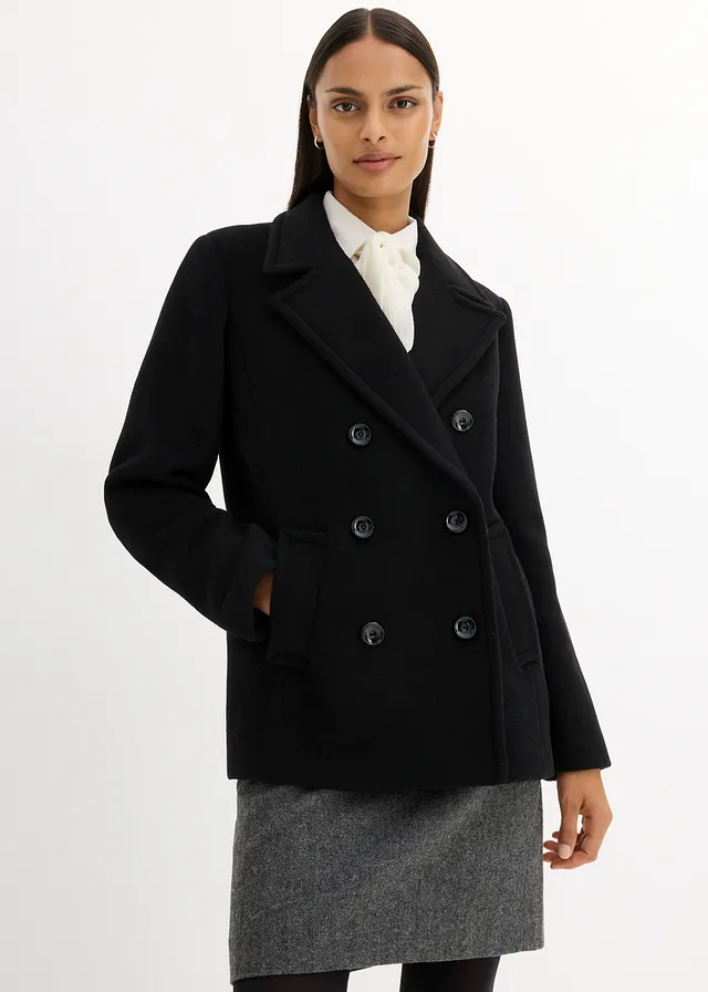 Peacoat van wol, Kleur: zwart