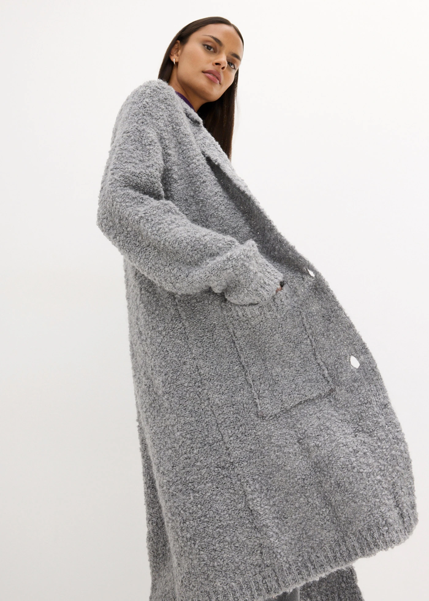 Lang gebreid bouclé vest van wol • lichtgrijs gemêleerd • bonprix online shop