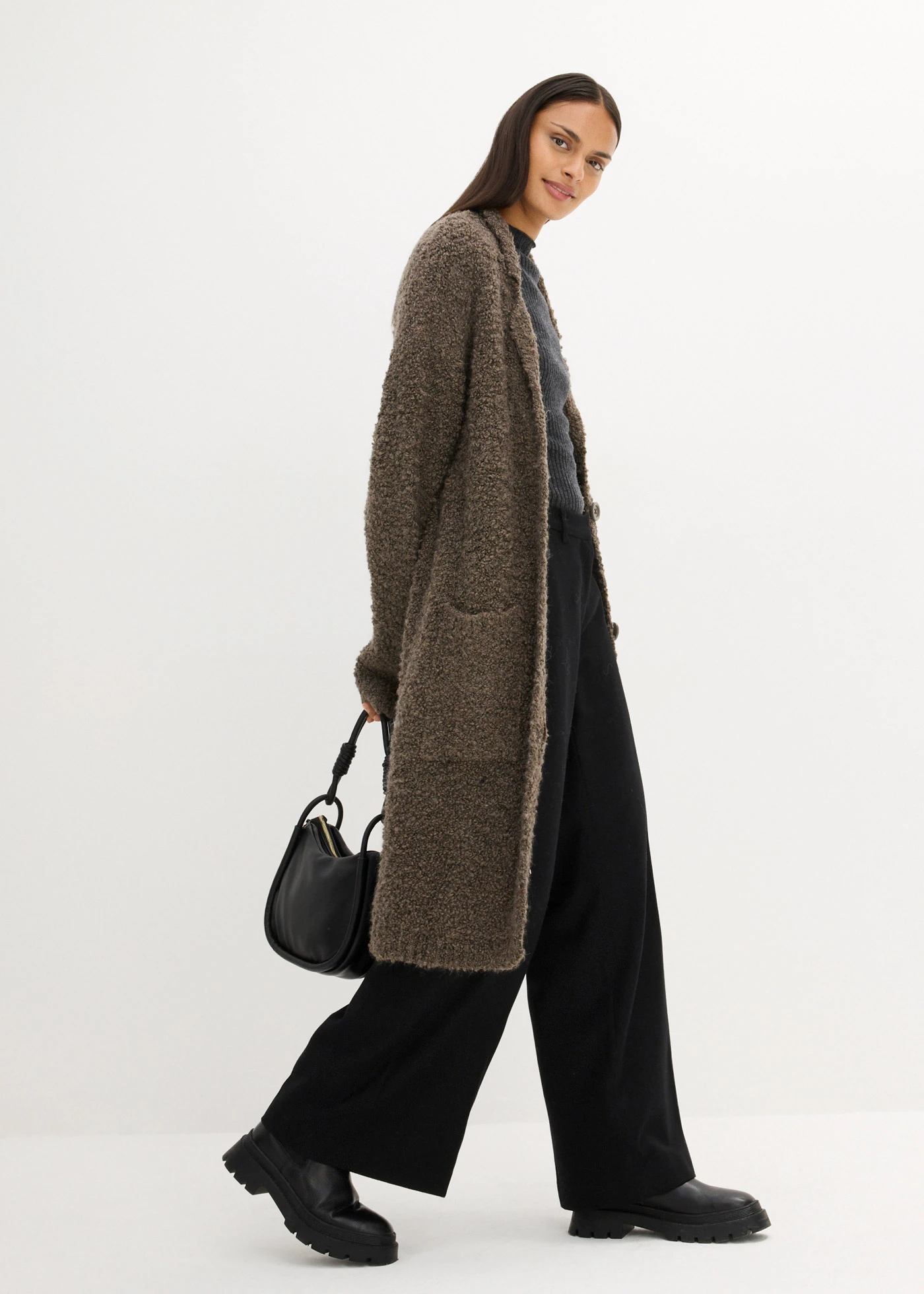 Lang gebreid bouclé vest van wol • bruin gemêleerd • bonprix online shop