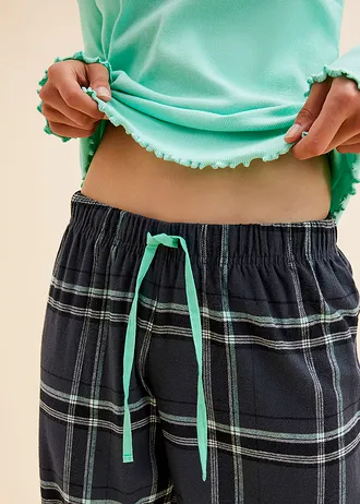 Pyžamo s žebrovaným tričkem a flanelovými kalhotami • mentolově modro-noční modrá kostka • bonprix obchod