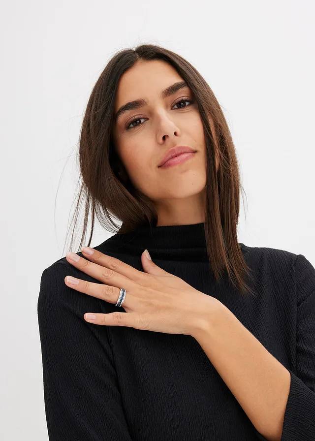 Ring met glazen kristalsteentjes, Kleur: zilverkleur gerodineerd-donkerblauw