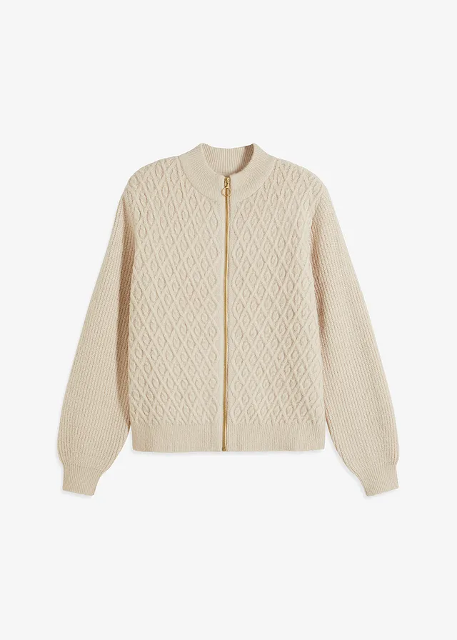Pletený kabátek s copánkovým vzorem • béžový melír • bonprix obchod