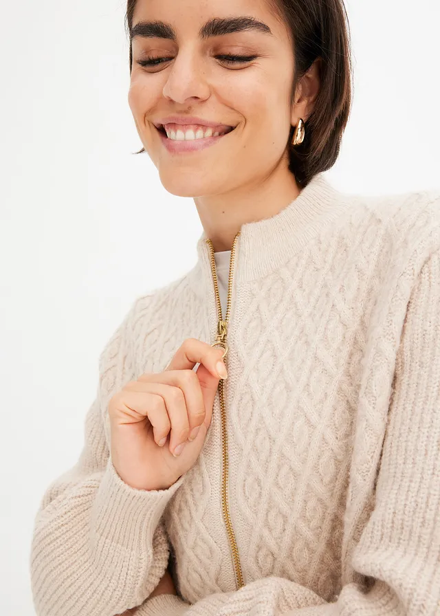 Gilet en maille à torsades • beige chiné • Boutique bonprix