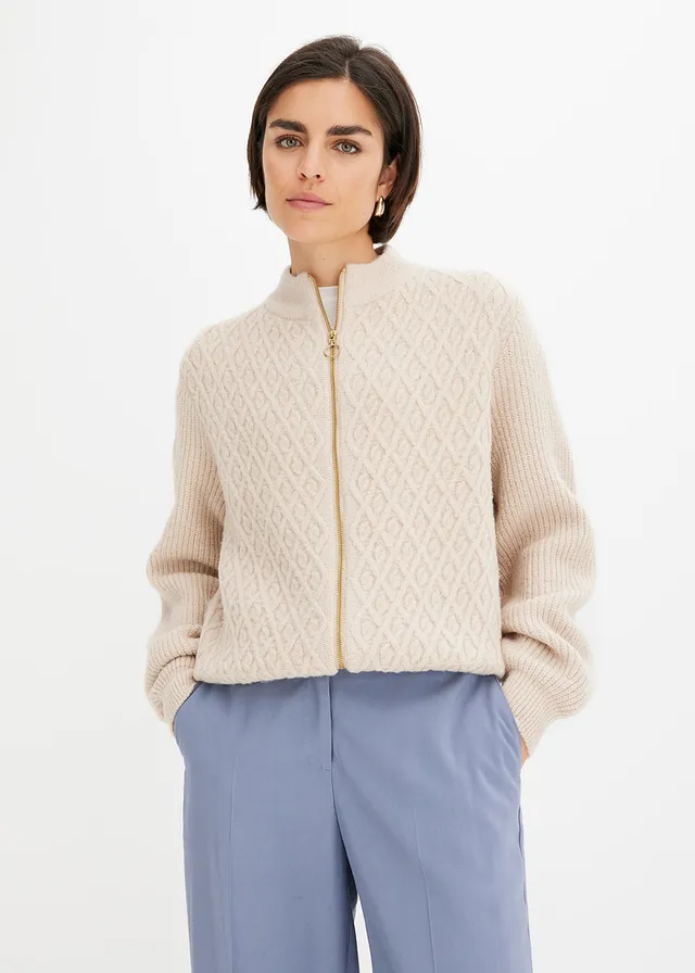 Gilet en maille à torsades • beige chiné • Boutique bonprix