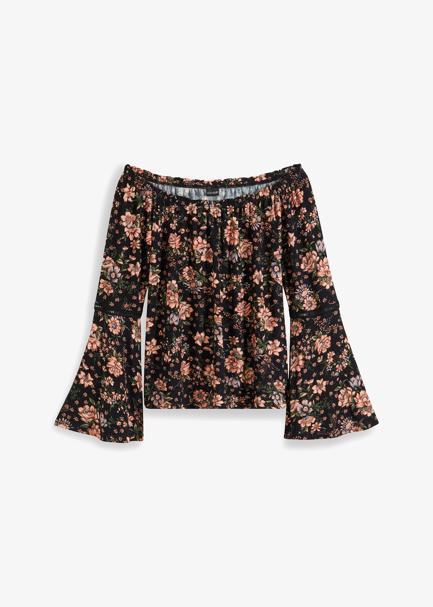 Gedessineerd carmen-shirt • zwart gebloemd • bonprix online shop