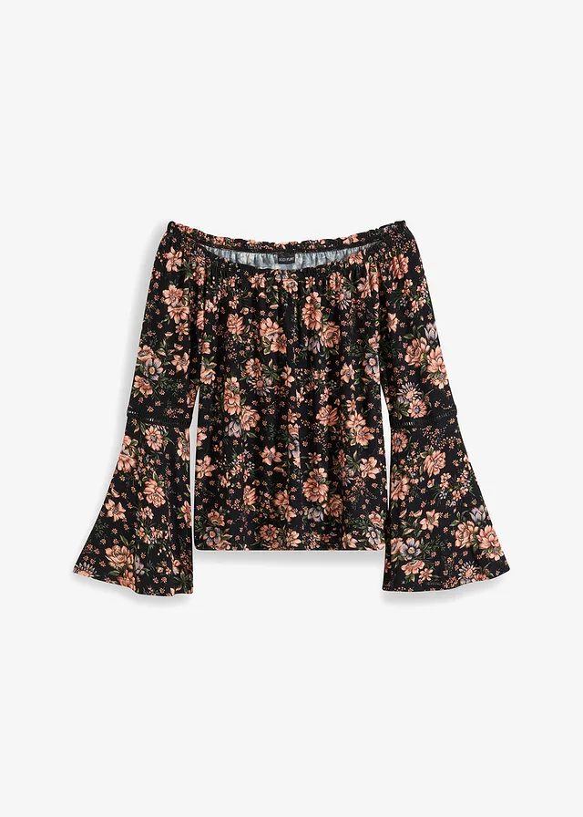 Gedessineerd carmen-shirt • zwart gebloemd • bonprix online shop