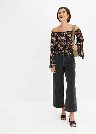 Gedessineerd carmen-shirt • zwart gebloemd • bonprix online shop