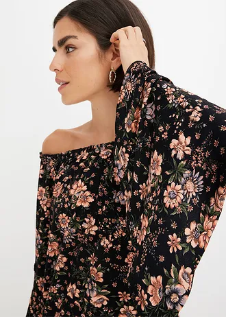 Gedessineerd carmen-shirt • zwart gebloemd • bonprix online shop