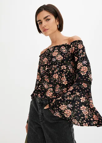Gedessineerd carmen-shirt • zwart gebloemd • bonprix online shop