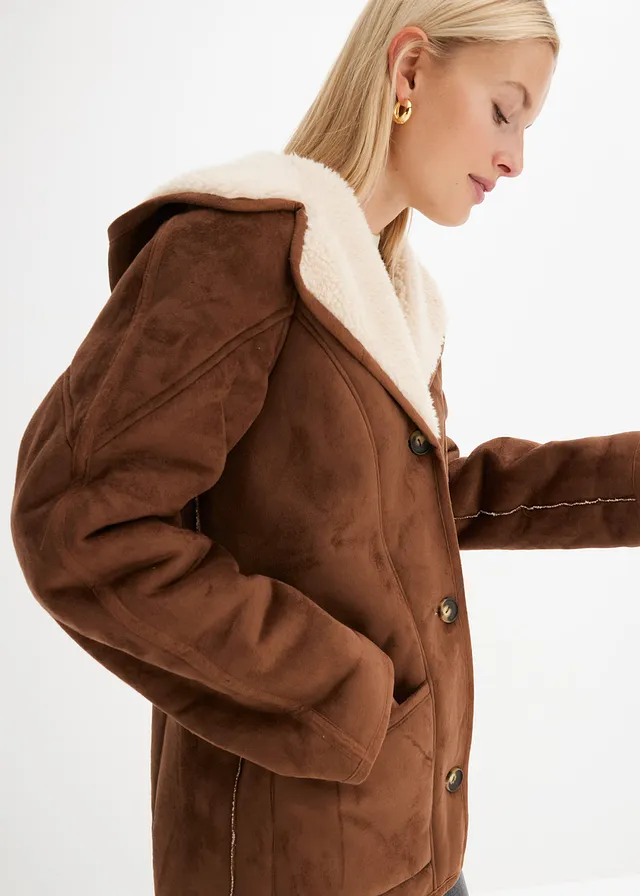 Bunda s kapucí, materiál shearling • světle hnědá • bonprix obchod
