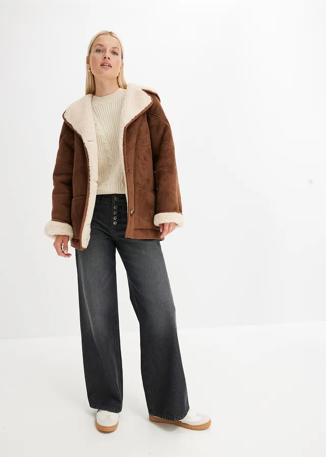 Veste en sherpa à capuche, Couleur: marron clair