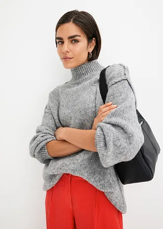 Pulover din tricot cu ochiuri mari, culoare: gri melanj