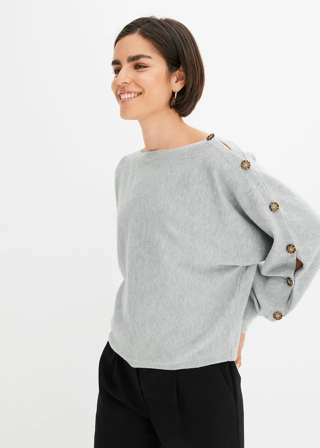 Pull avec détails boutons, Couleur: gris clair chiné
