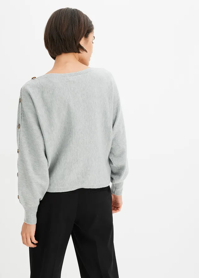 Pull avec détails boutons, Couleur: gris clair chiné