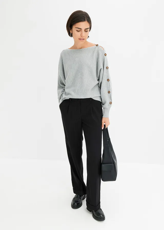 Pull avec détails boutons, Couleur: gris clair chiné