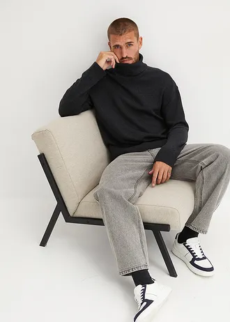 Sweter z golfem z bawełną, loose fit • antracytowy melanż • sklep bonprix