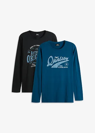 Lot de 2 T-shirts manches longues 100% coton, Couleur: noir + pétrole imprimé