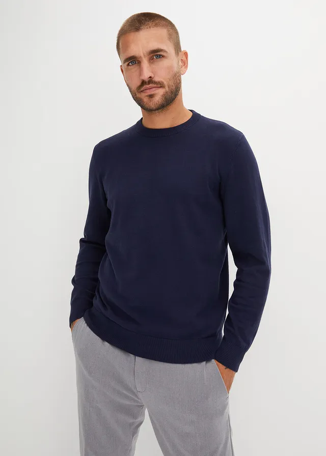 Fijn gebreide trui met ronde hals en katoen, regular fit, Kleur: donkerblauw