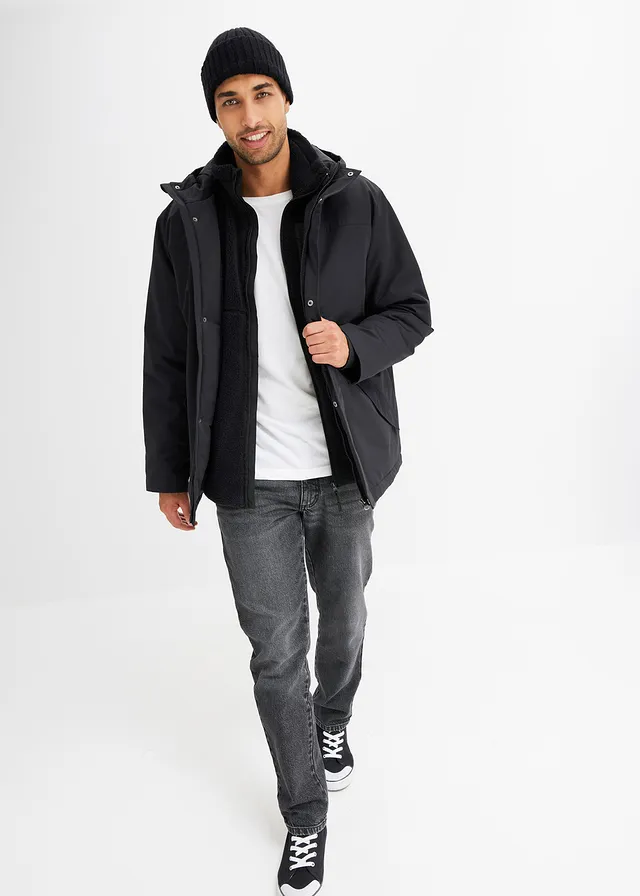 Winterjas met capuchon en gerecycled polyester, Kleur: zwart