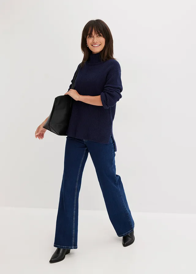 Pull col roulé 100% coton, Couleur: bleu foncé
