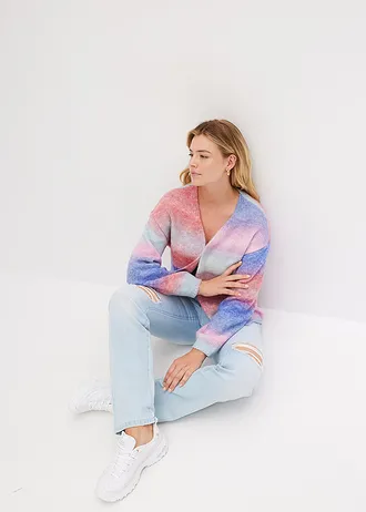 Grof gebreid vest, Kleur: ijsblauw-pastelroze-edelsteenblauw-paarsblauw-roze