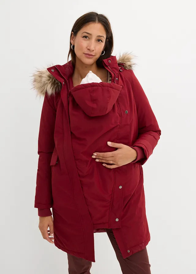 Manteau de grossesse 3-en-1 coupe-vent et imperméable avec fonction portage, Couleur: rouge rubis