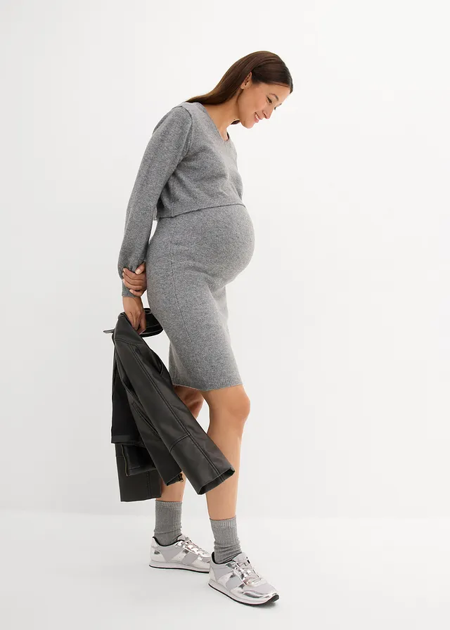 Ensemble 2 pièces en maille de grossesse avec un pull et une jupe • gris chiné • product-page.page-title-suffix