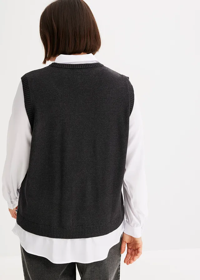 Pull à empiècement chemisier, Couleur: anthracite chiné