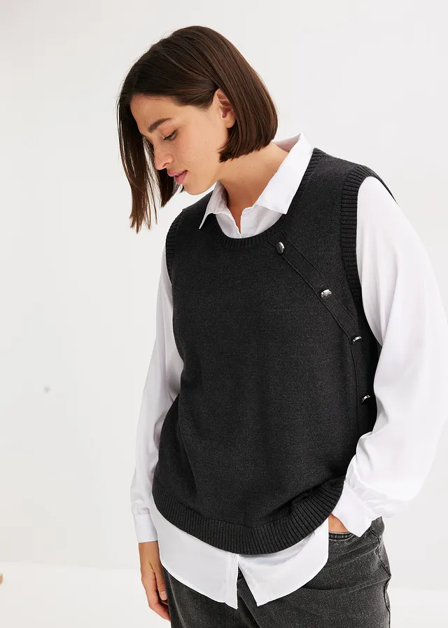 Trui met blouse-inzetstuk, Kleur: antraciet gemêleerd