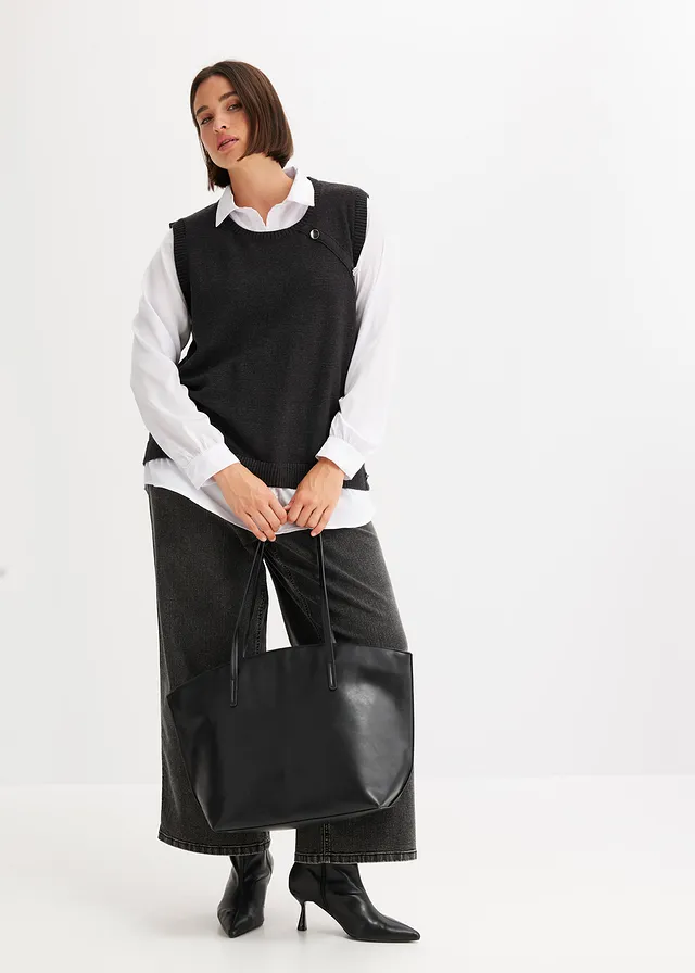 Pull à empiècement chemisier, Couleur: anthracite chiné