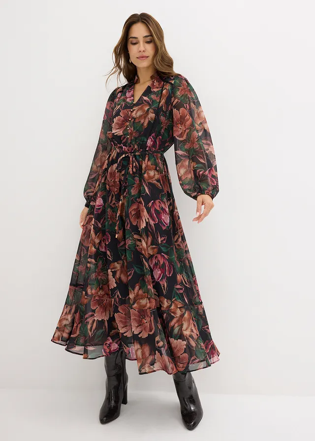 Chiffon jurk met print • zwart-groen-donkergroen-koperoranje-perzik-zwart-roze-magenta-beige-donkerbruin-roestbruin • product-page.page-title-suffix