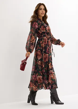 Chiffon jurk met print • zwart-groen-donkergroen-koperoranje-perzik-zwart-roze-magenta-beige-donkerbruin-roestbruin • bonprix online shop