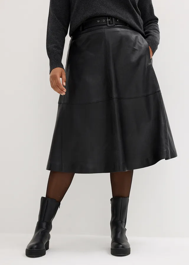 Jupe en cuir d’agneau nappa avec ceinture (ens. 2 pces), Couleur: noir
