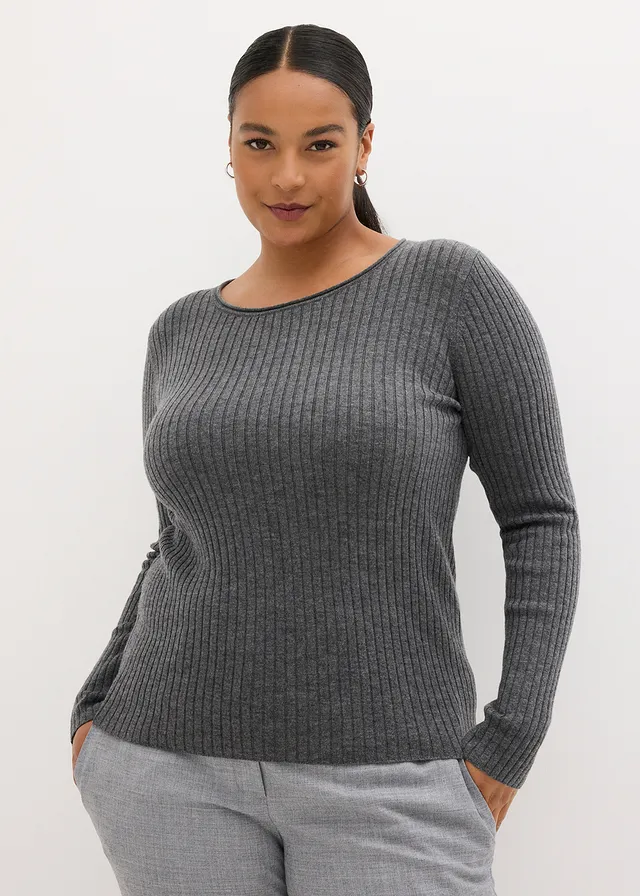 Pull côtelé en laine mérinos, Couleur: gris moyen chiné