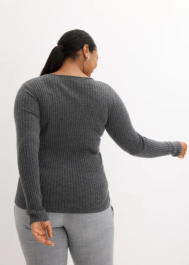 Pull côtelé en laine mérinos, Couleur: gris moyen chiné