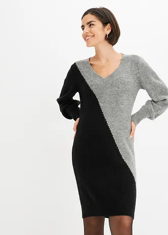Robe en maille, Couleur: noir/gris rayé diagonal