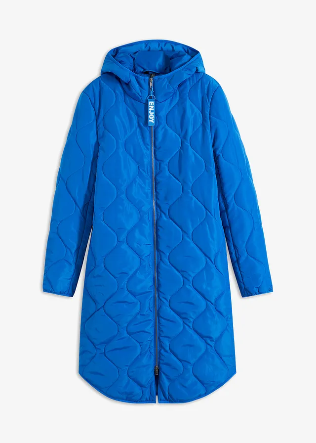 Lange gewatteerde jas van gerecycled polyester, Kleur: azuurblauw