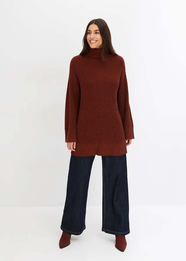 Pulover oversize cu guler rulat din amestec de bumbac, culoare: maro-mahon