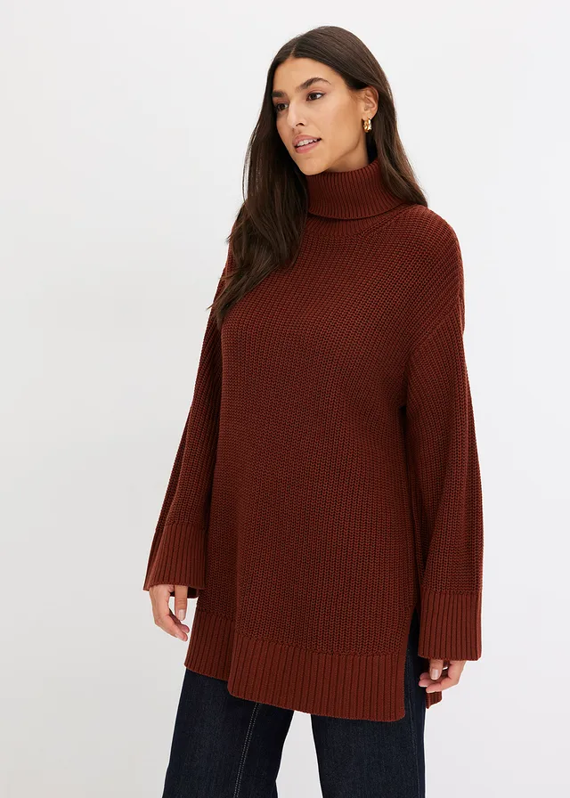 Pull col roulé oversize en coton mélangé, Couleur: marron acajou
