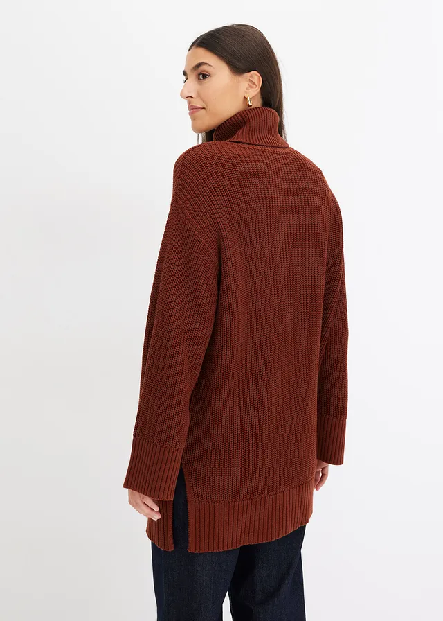 Pull col roulé oversize en coton mélangé, Couleur: marron acajou