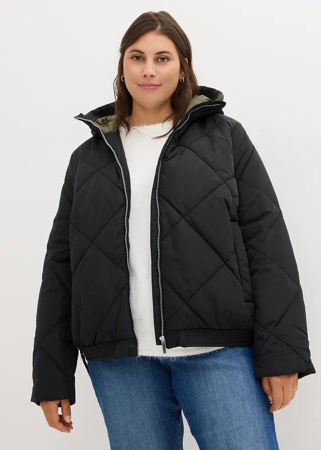 Veste matelassée courte avec doublure contrastante, Couleur: noir/olive foncé